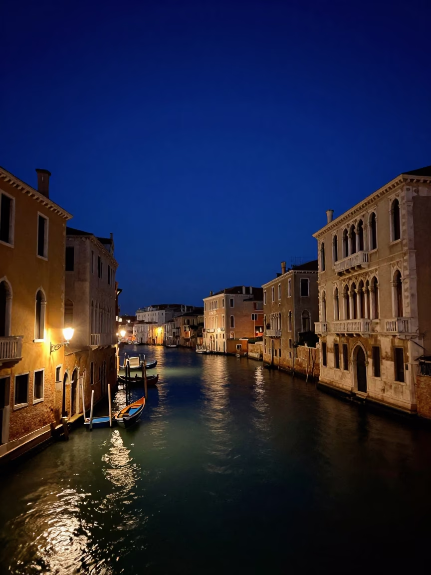 Canal Scene in Venice at The Deepest Night Sky Light in in Venice, Italy