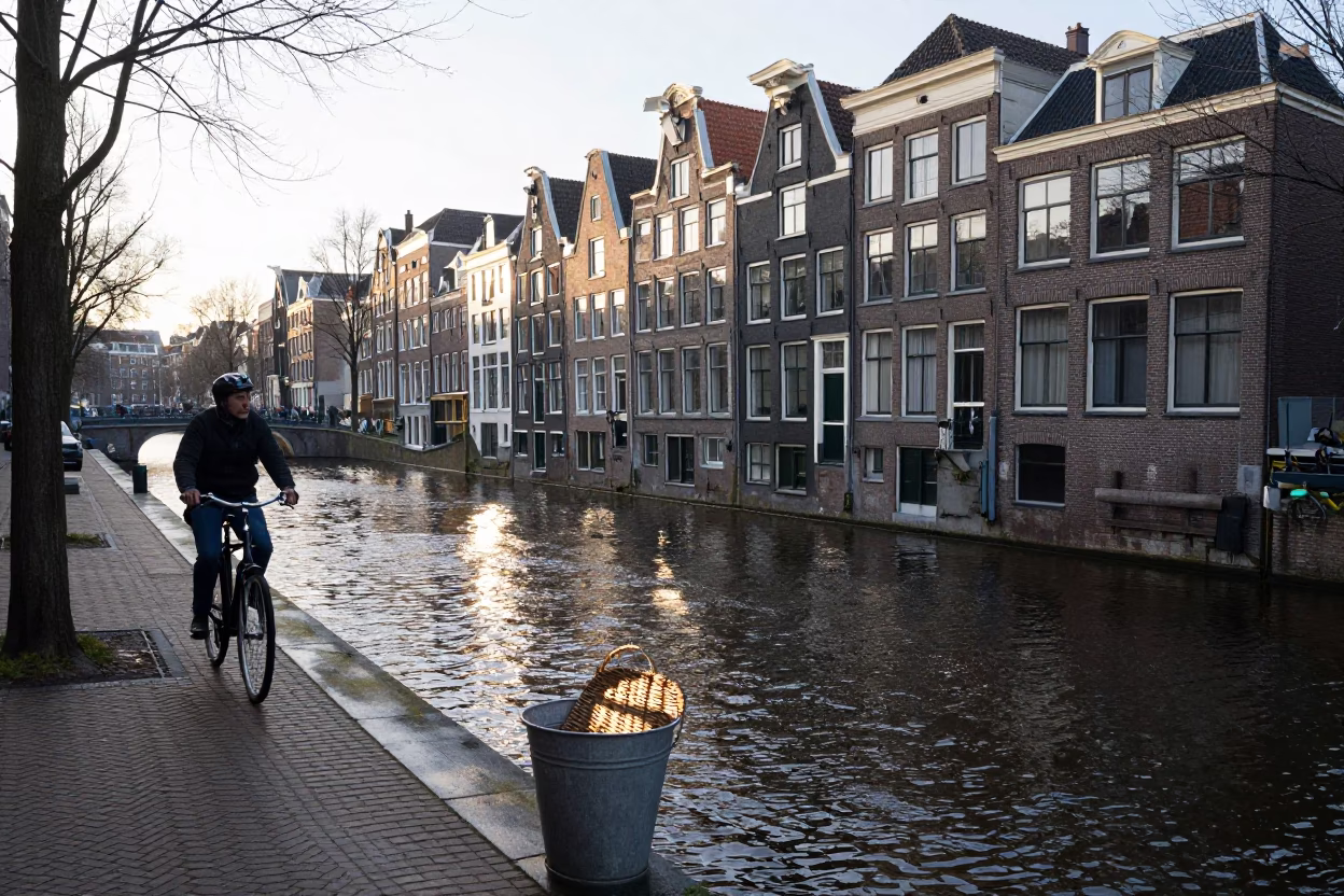 Canal Scene just after sunrise in Amsterdam in in Amsterdam, Netherlands