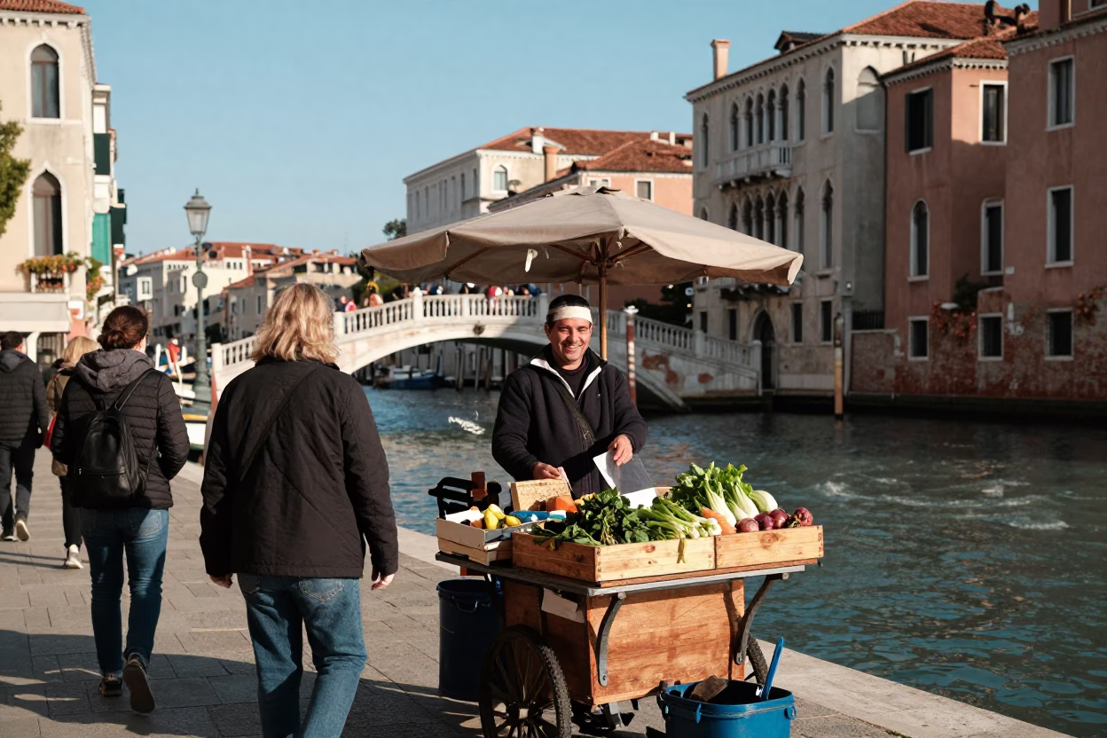 Canal Side in Venice at Clear Late-afternoon Light in in Venice, Italy