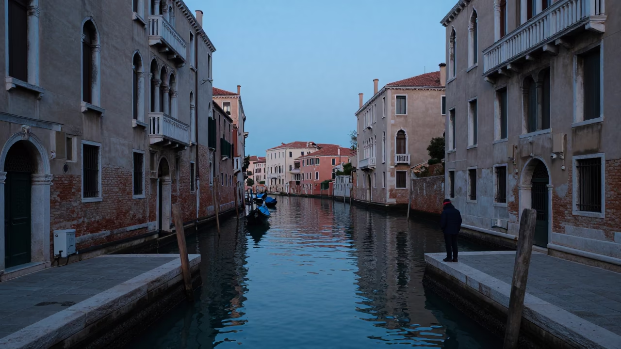 Canal Side in Venice at The Still Hours Before Dawn Light in in Venice, Italy