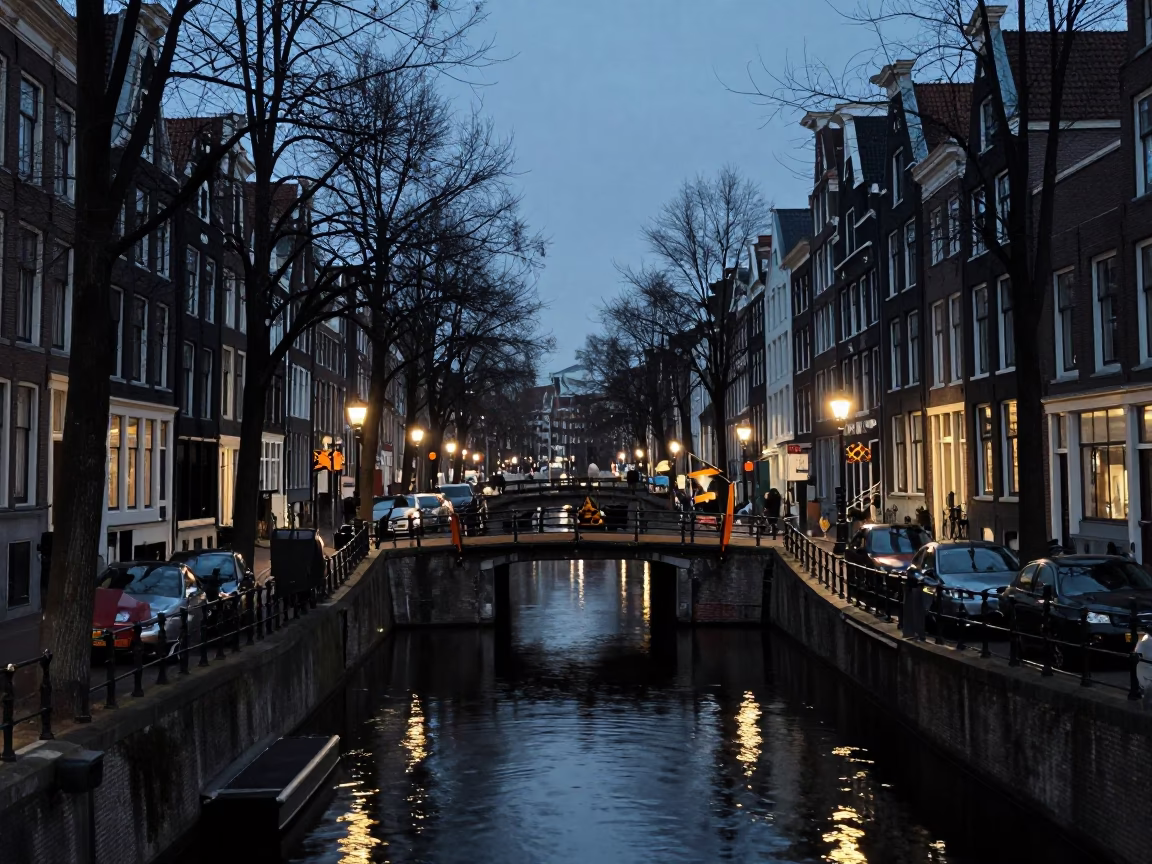 Canal Street at The Predawn Darkness Light in Amsterdam in in Amsterdam, Netherlands