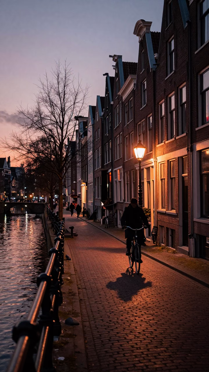 Canal Street in Amsterdam at Copper-toned Light Before Dusk in in Amsterdam, Netherlands