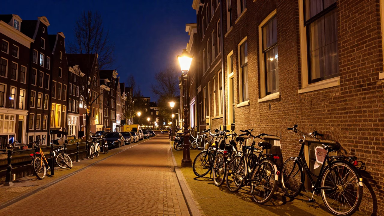 Canal Street in Amsterdam at The Deepest Night Sky Light in in Amsterdam, Netherlands