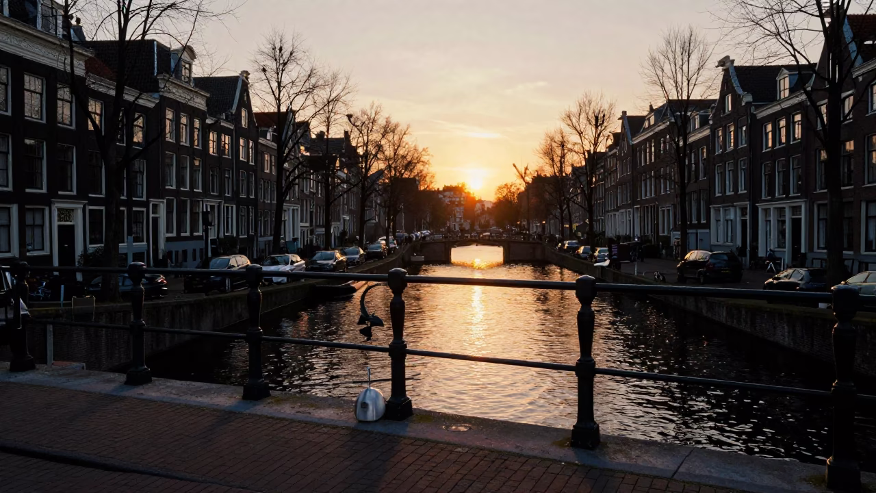 Canal Sunset in Amsterdam at As The Sun Drops Toward The Horizon in in Amsterdam, Netherlands