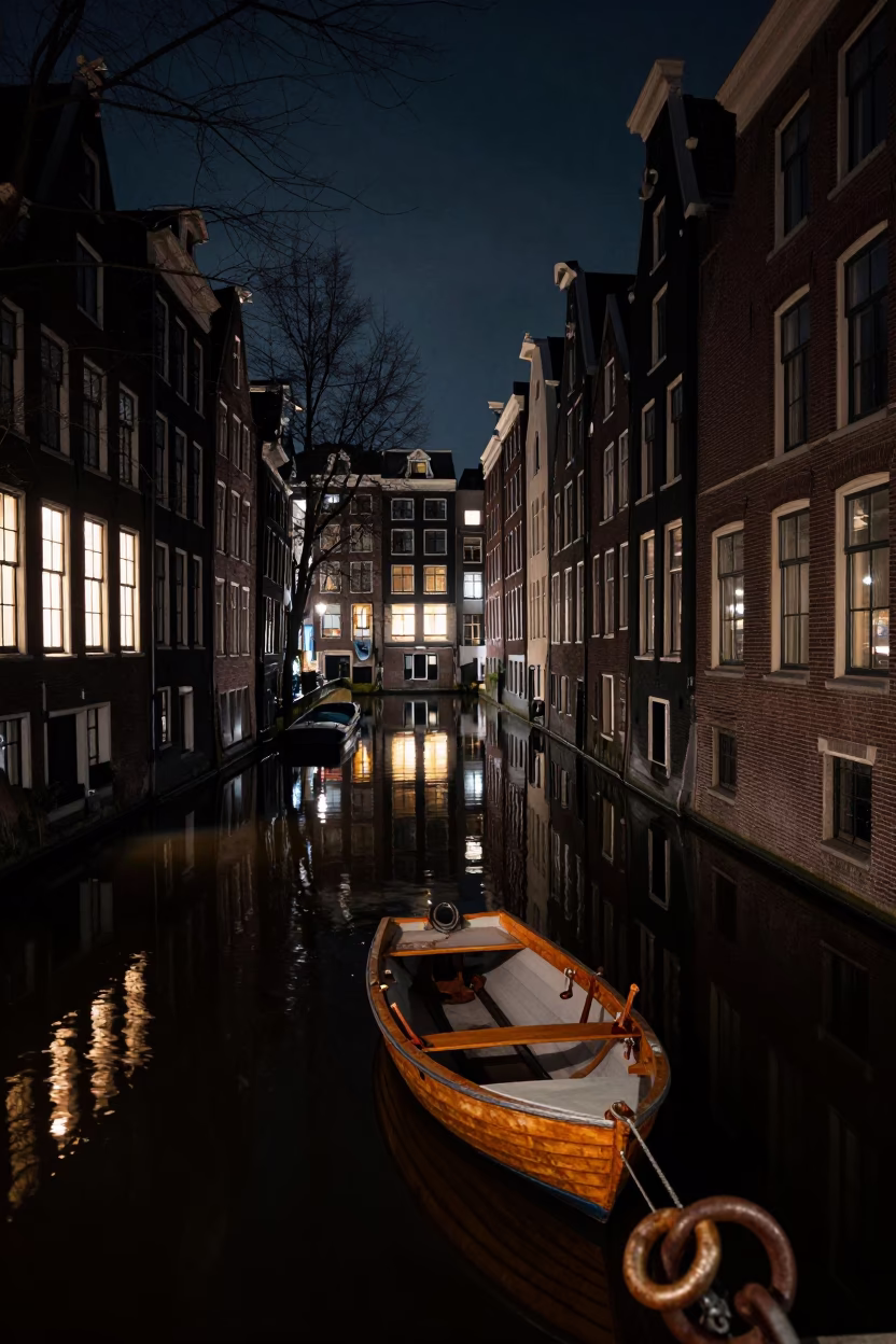 Canal View in Amsterdam at Deep In The Night Light in in Amsterdam, Netherlands