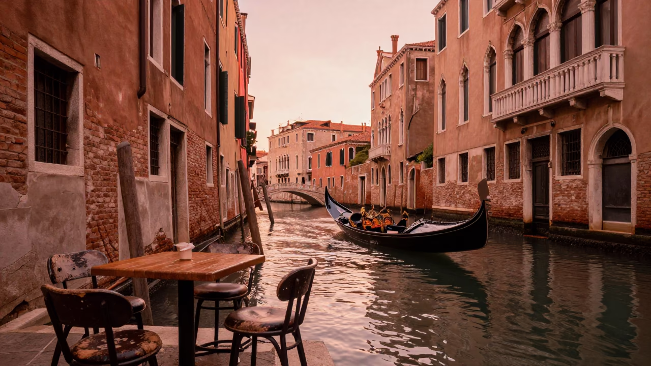 Canal View in Venice at Copper-toned Light Before Dusk in in Venice, Italy