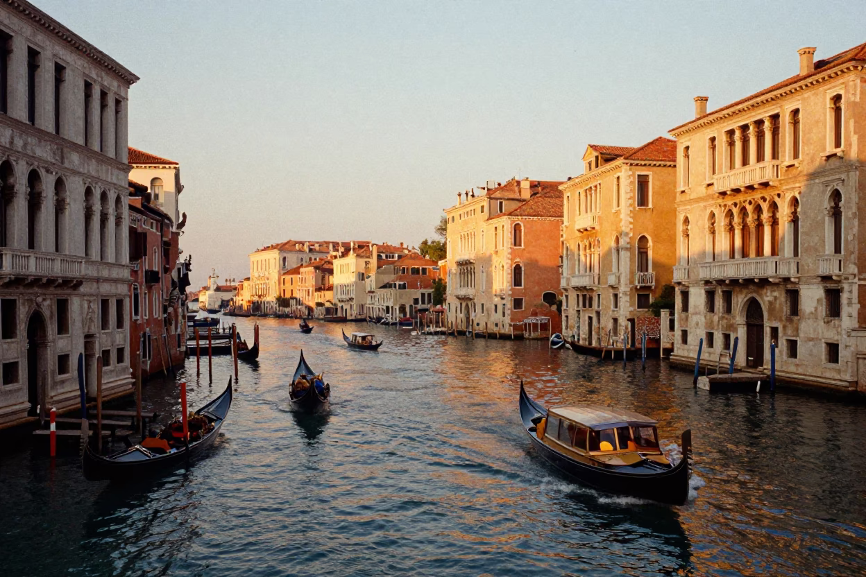 Canals And Gondolas in Venice at Sunset Light in in Venice, Italy
