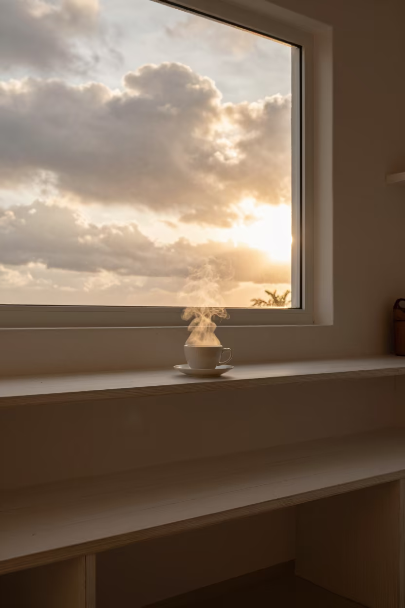 Cancun Kitchen Shelf Window Seat Golden Hour in on a window seat in Cancun