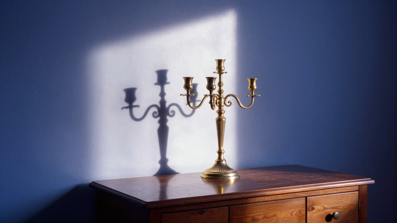 Candelabra Shadows in Indigo Twilight Hotel Room in on a hotel dresser near Mount Eden, Auckland