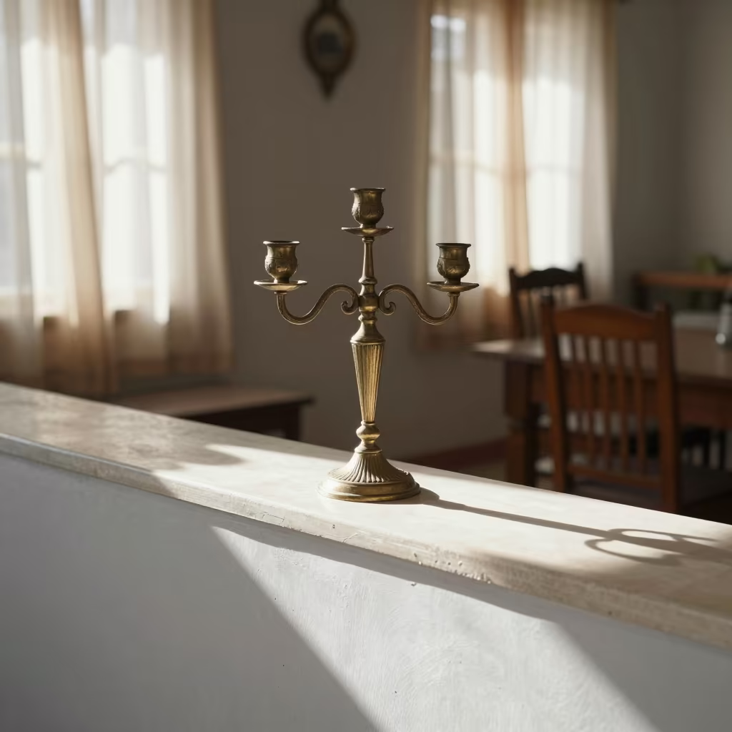 Candelabra Shadows on Khushab Ledge in on a painted display ledge in Khushab