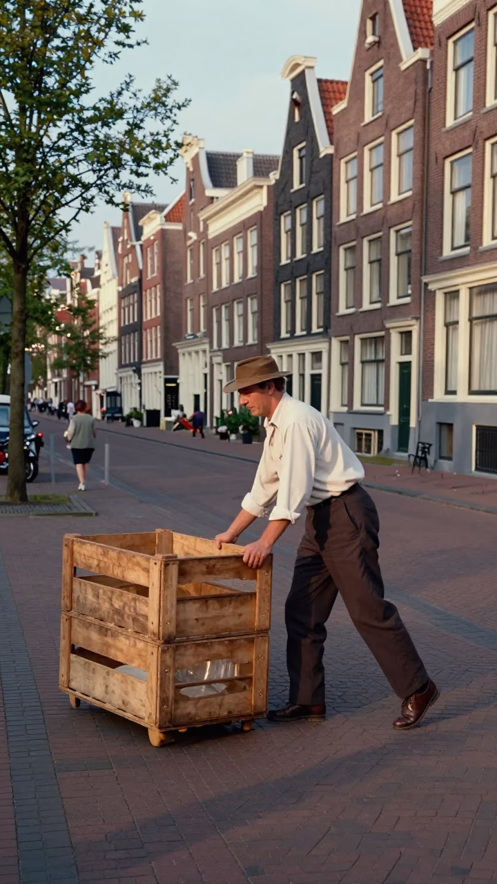 Candid 1950s Amsterdam Street Scene with Wooden Crate and Latch Detail in in Amsterdam, Netherlands