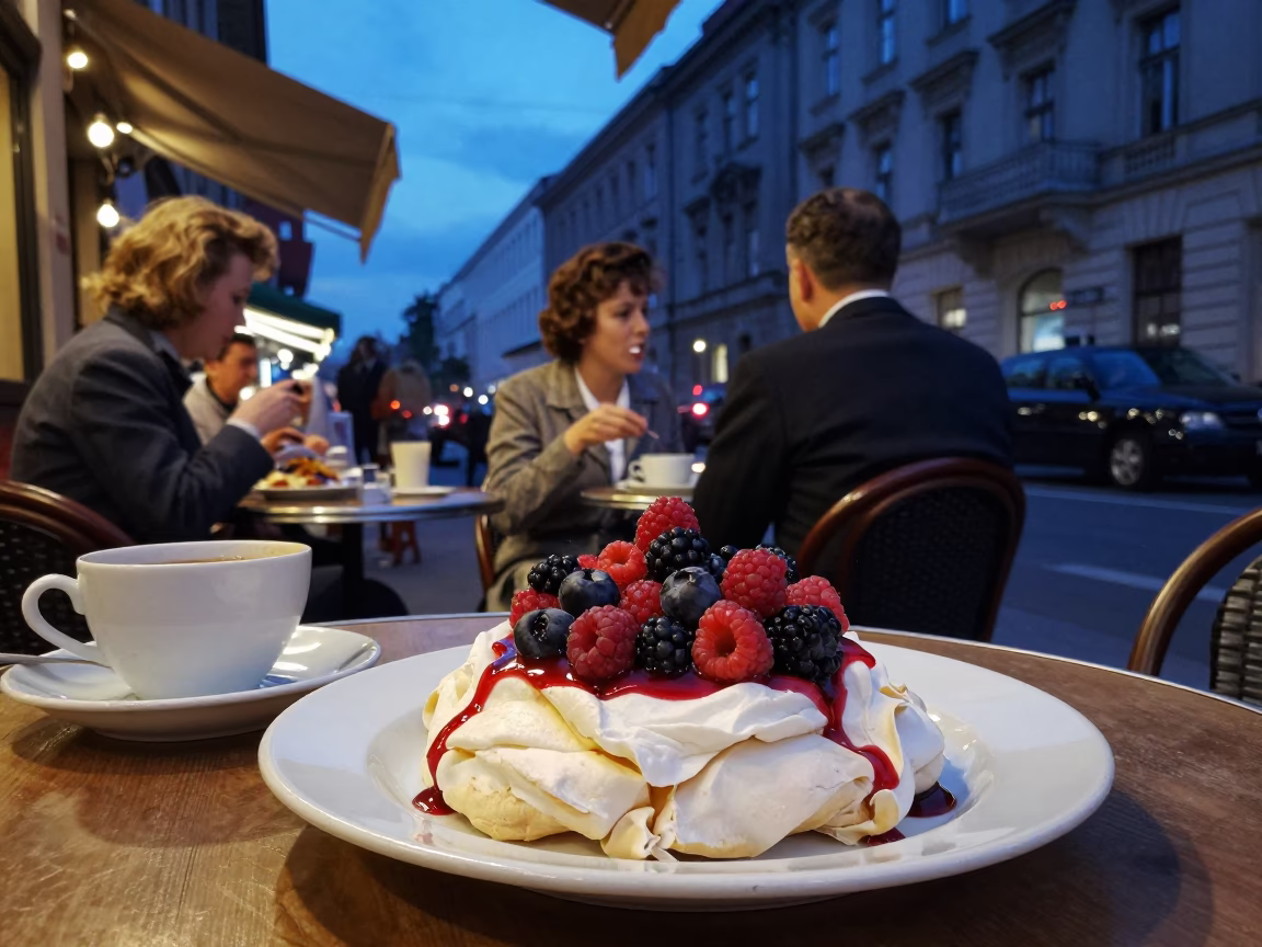 Candid 1950s Berlin Evening Street Scene with Pavlova Dessert and Satay Skewers in in Berlin, Germany