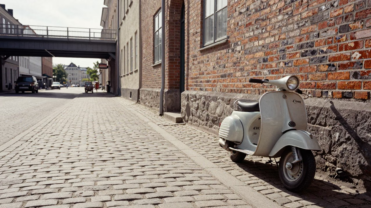 Candid 1950s Copenhagen Street Scene with Vintage Scooter and Harbor Promenade in in Copenhagen, Denmark