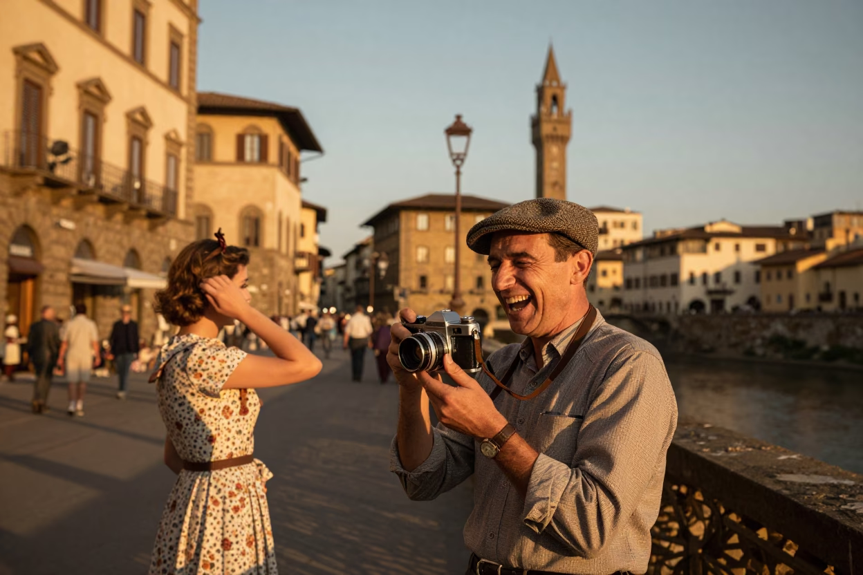Candid 1950s Florence Street Scene with Vintage Details and Local Life in in Florence, Italy