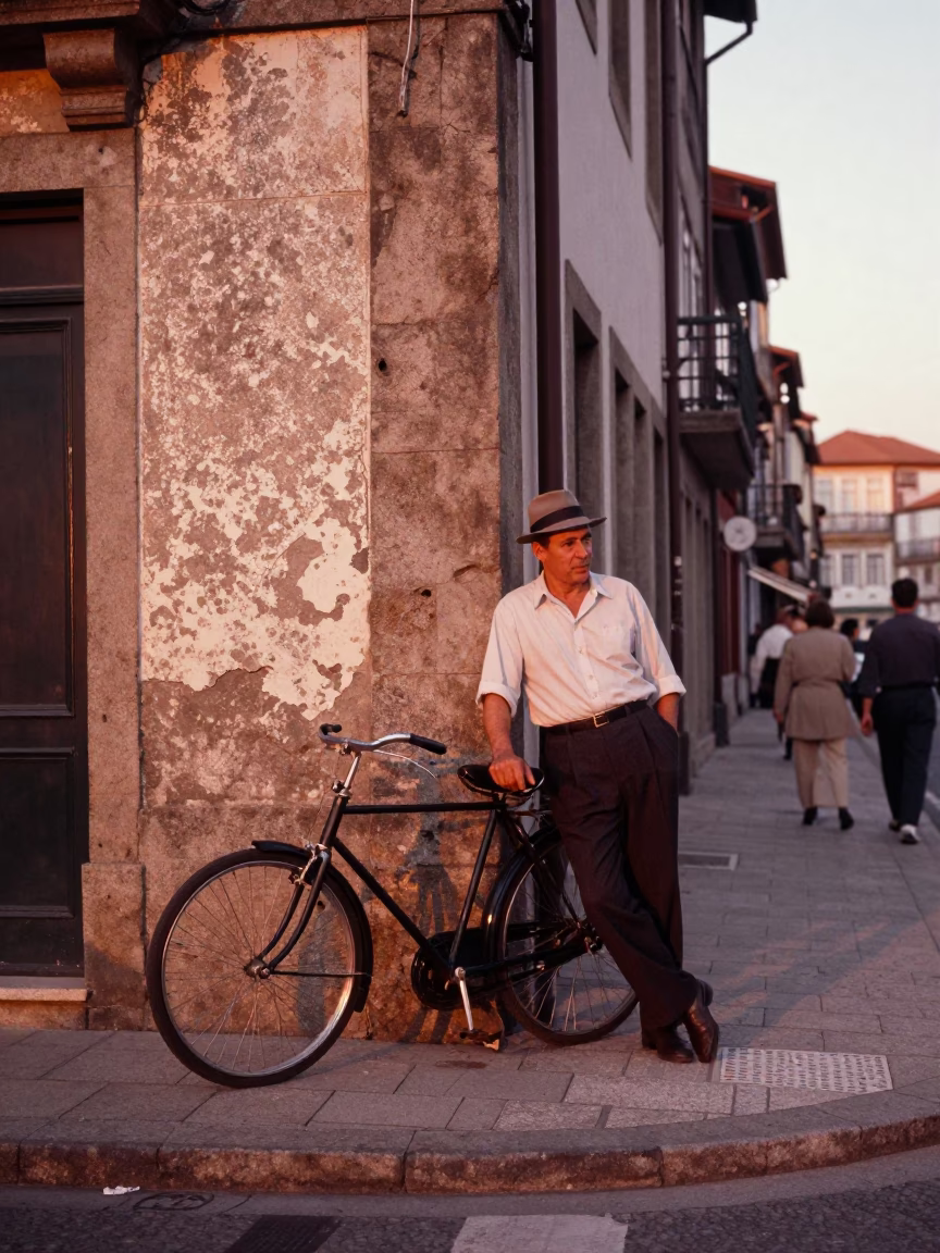 Candid 1950s Porto Street Scene with Vintage Bicycle and Riverfront Light in in Porto, Portugal