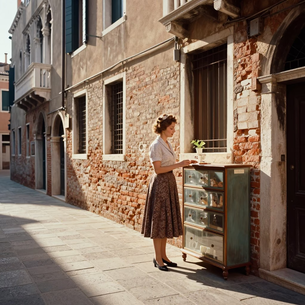 Candid 1950s Venice street scene with clear glass drawer pull detail in in Venice, Italy