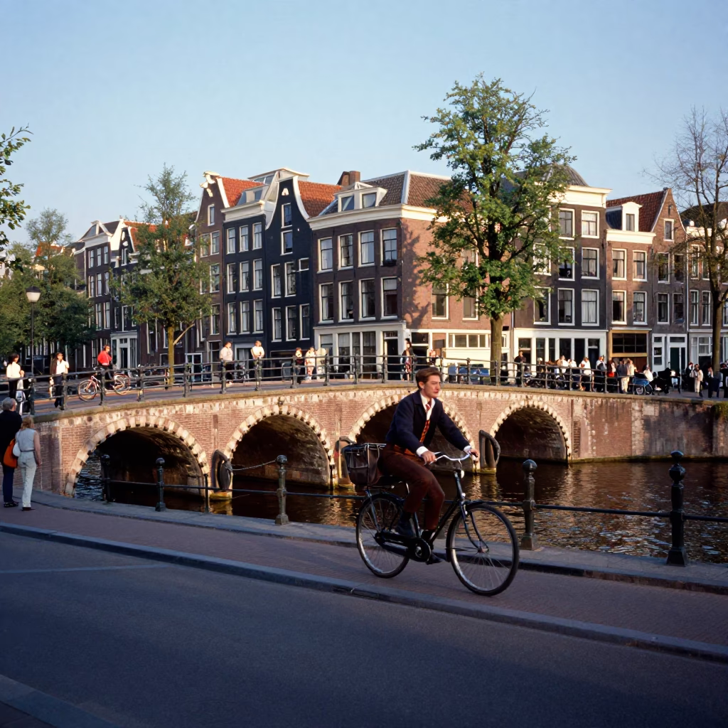 Candid 1960s Amsterdam Street Scene with Canal Bridge and Cyclists in Late Afternoon Light in in Amsterdam, Netherlands