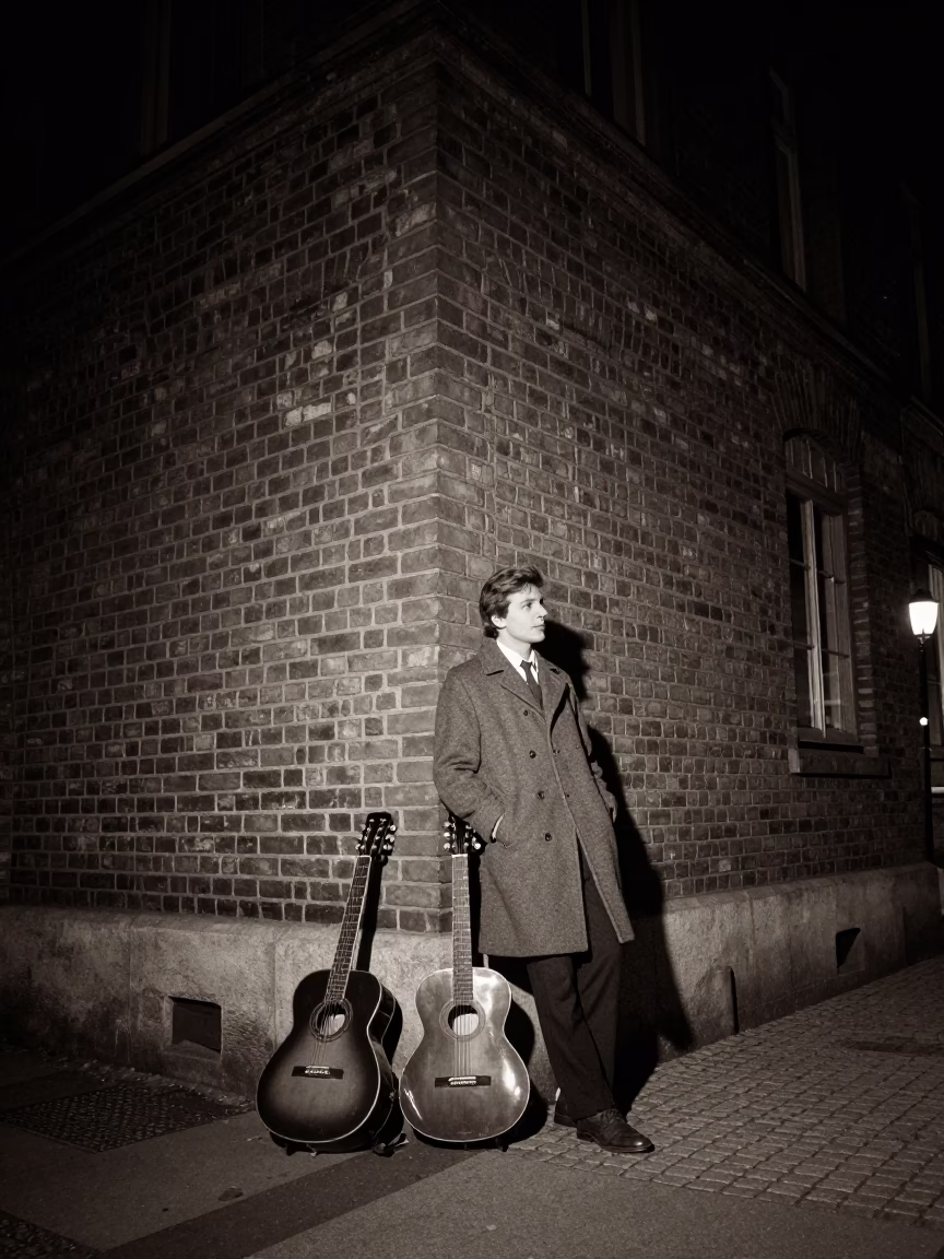 Candid 1960s Berlin Night Scene with Vintage Guitar and Street Ambiance in in Berlin, Germany