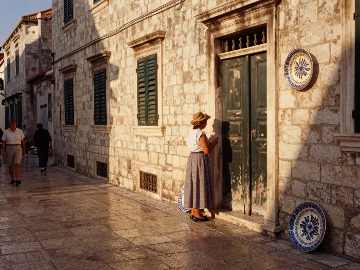 Candid 1960s Dubrovnik street scene with vintage majolica plate in in Dubrovnik, Croatia