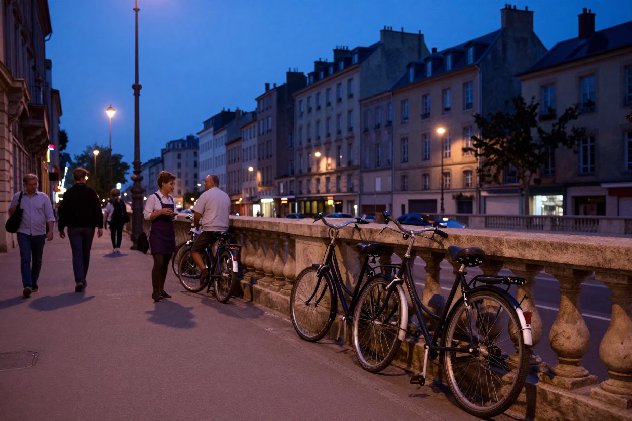 Candid 1960s Lyon street scene in indigo twilight with vintage bicycles and tram lines in in Lyon, France