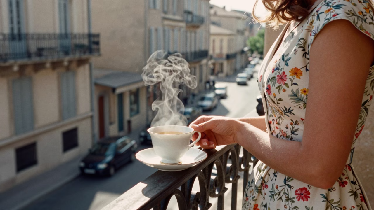 Candid 1960s Marseille Street Scene with Vintage Tea Set on Balcony in in Marseille, France