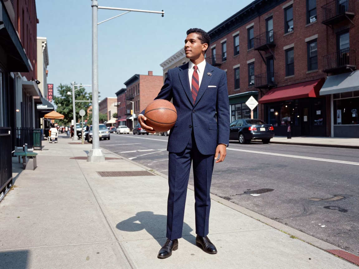 Candid 1960s Philadelphia Street Scene with Leather Basketball and Urban Architecture in in Philadelphia, Pennsylvania, United States