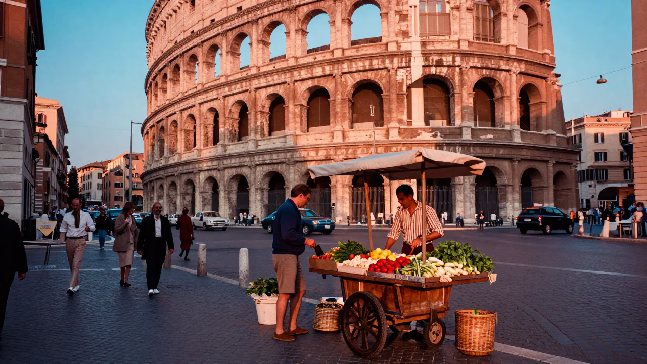 Candid 1960s Rome Street Scene with Vintage Blue and White Porcelain Jar in in Rome, Italy