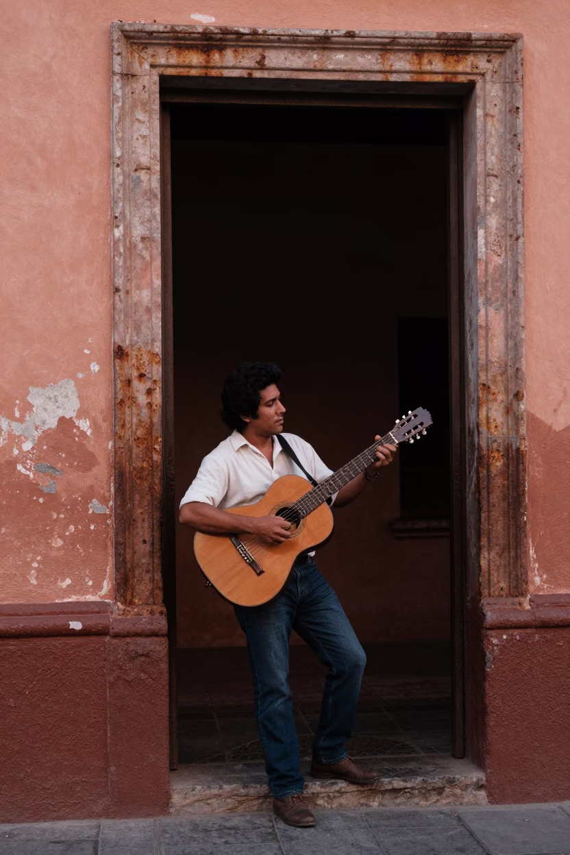 Candid 1960s Street Moment in Guadalajara with Rusty Doorframe and Guitar in in Guadalajara, Mexico