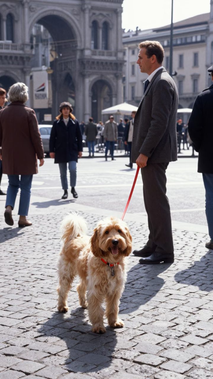 Candid 1960s Street Scene in Milan Italy with Tibetan Spaniel and Vintage Details in in Milan, Italy