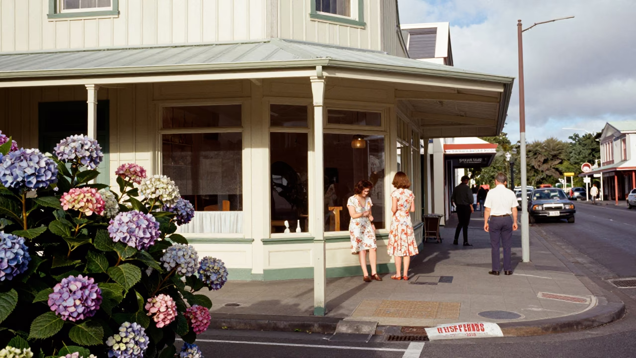 Candid 1960s Wellington Street Scene with Hydrangeas and Brushed Steel Details in in Wellington, New Zealand