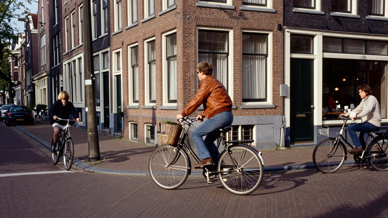 Candid 1970s Amsterdam Street Scene with Vintage Bicycle and Canal House Facades in in Amsterdam, Netherlands