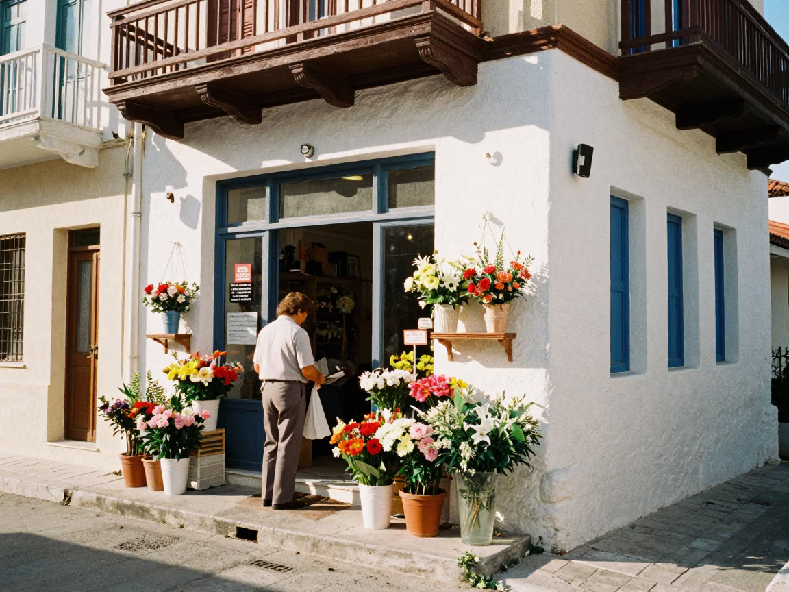 Candid 1970s Athens Street Scene with Florist and Wedding Bouquet in Early Afternoon in in Athens, Greece