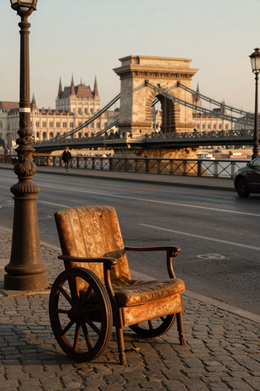 Candid 1970s Budapest Street Scene with Caster Wheel and Armchair in Honeyed Evening Light in in Budapest, Hungary