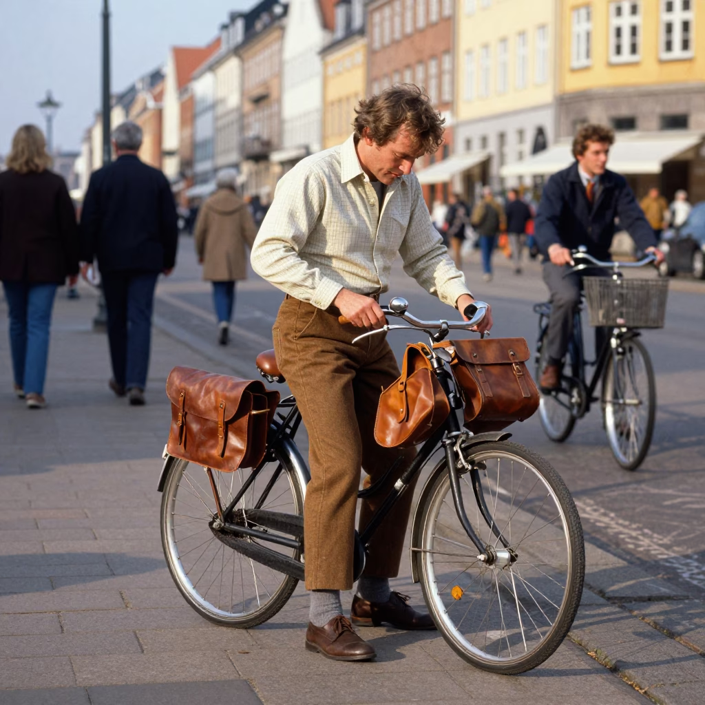 Candid 1970s Copenhagen Street Scene with Vintage Bicycle and Local Cafe Details in in Copenhagen, Denmark