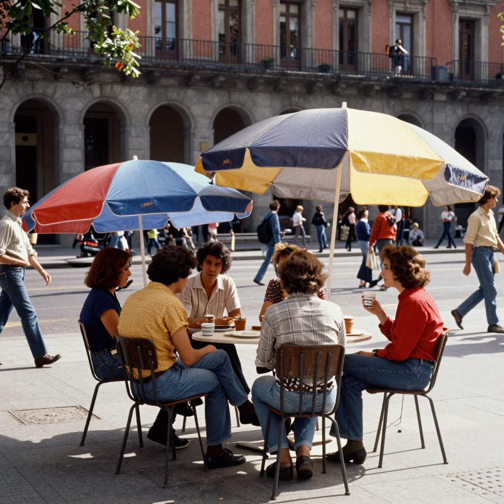 Candid 1970s Madrid Street Scene with Umbrellas and Coffee in in Madrid, Spain