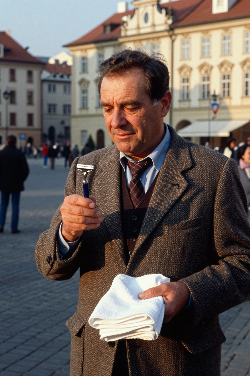 Candid 1970s Prague Street Scene with Safety Razor and Tea Towels in in Prague, Czech Republic