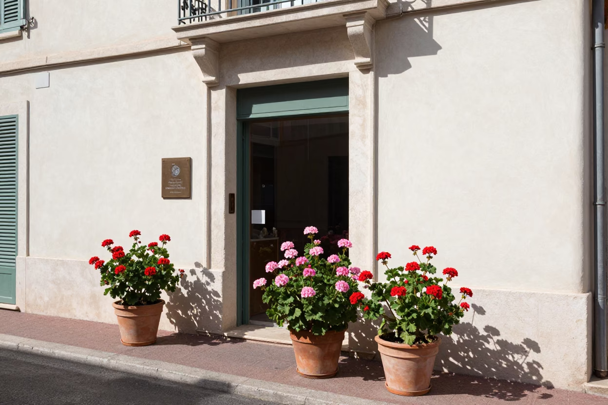 Candid 1970s Street Scene in Nice France with Geraniums and Art Deco Facade in in Nice, France