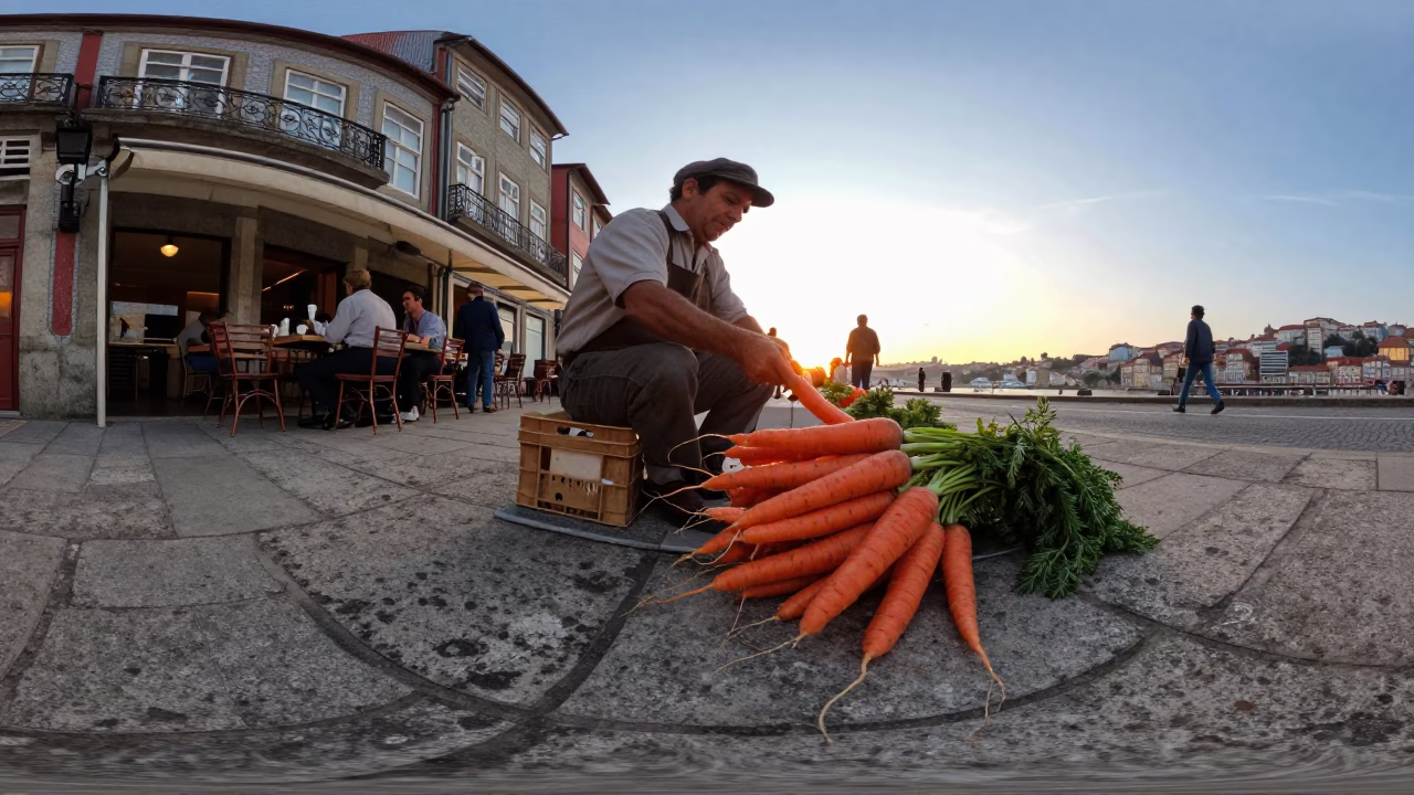 Candid 1970s Street Scene in Porto Portugal with Carrots and Steel Frame in in Porto, Portugal