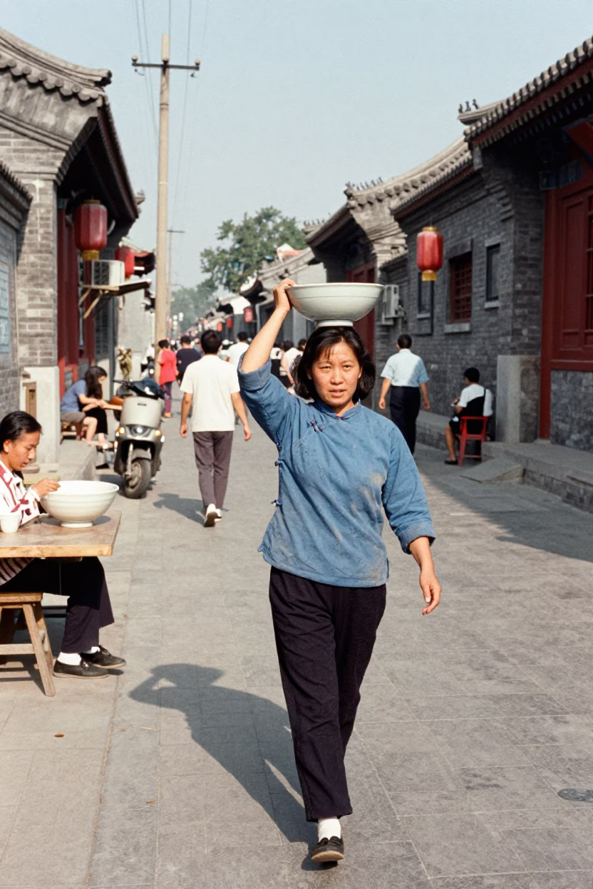 Candid 1980s Beijing Street Scene with Ceramic Bowl and Rustic Sink Details in in Beijing, China