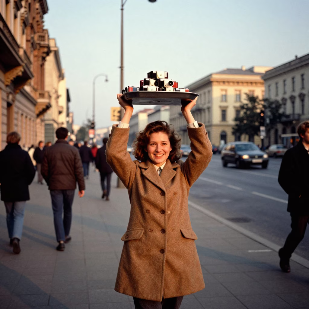 Candid 1980s Budapest Evening Street Scene with Tray of Turkish Baklava Dripping with Honey in in Budapest, Hungary