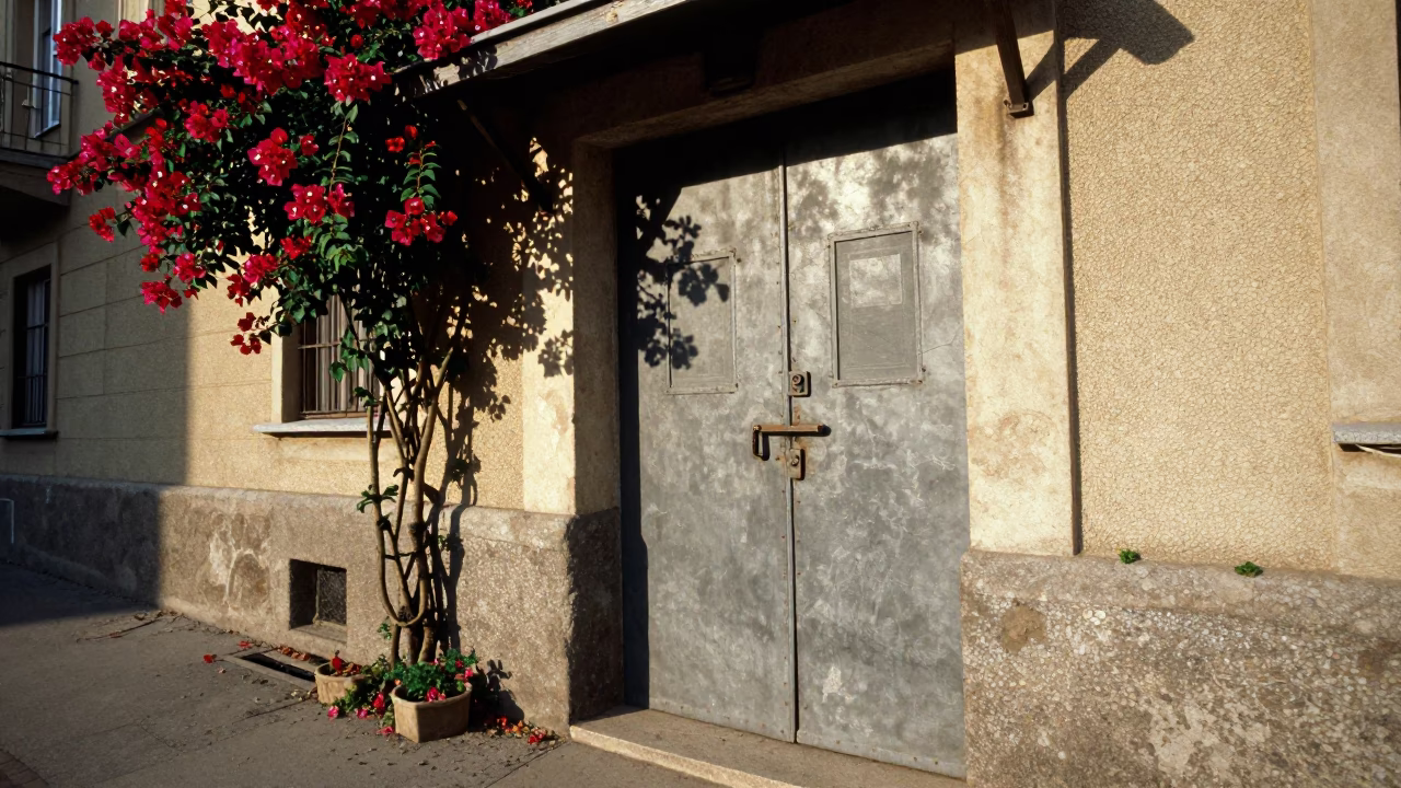Candid 1980s Budapest Street Scene with Deadbolt and Bougainvillea in in Budapest, Hungary
