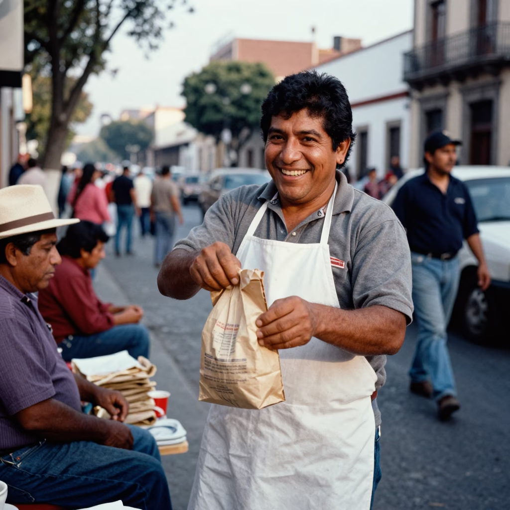 Candid 1980s Mexico City street scene with vendor and local interaction in in Mexico City, Mexico