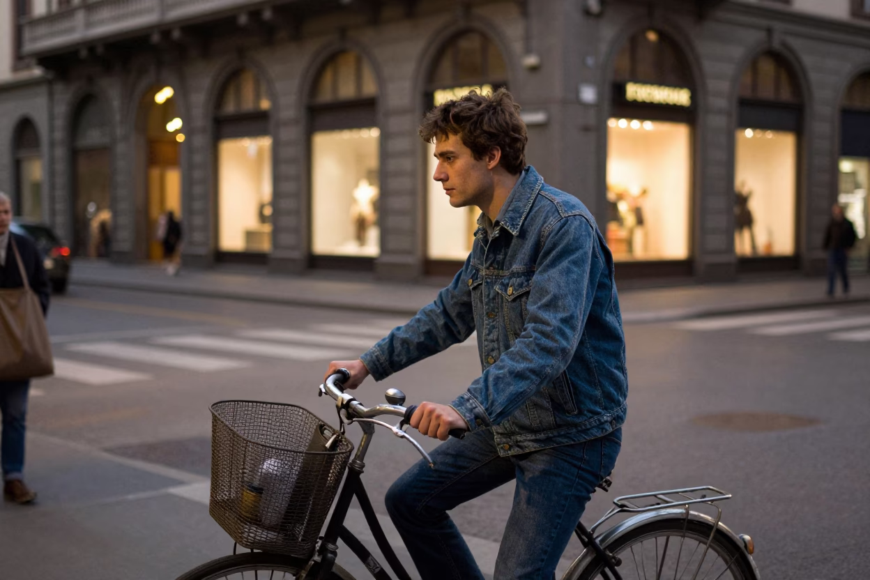Candid 1980s Milan Street Scene with Bicycle Basket and Evening City Lights in in Milan, Italy