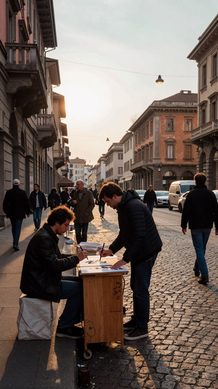 Candid 1980s Milan Street Scene with String Lights and Traditional Calligraphy Demonstration in in Milan, Italy