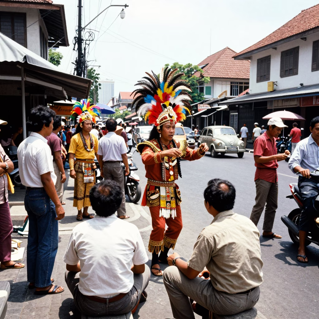Candid 1980s Street Scene in Denpasar Indonesia with Colorful Headdress and Daily Life in in Denpasar, Indonesia