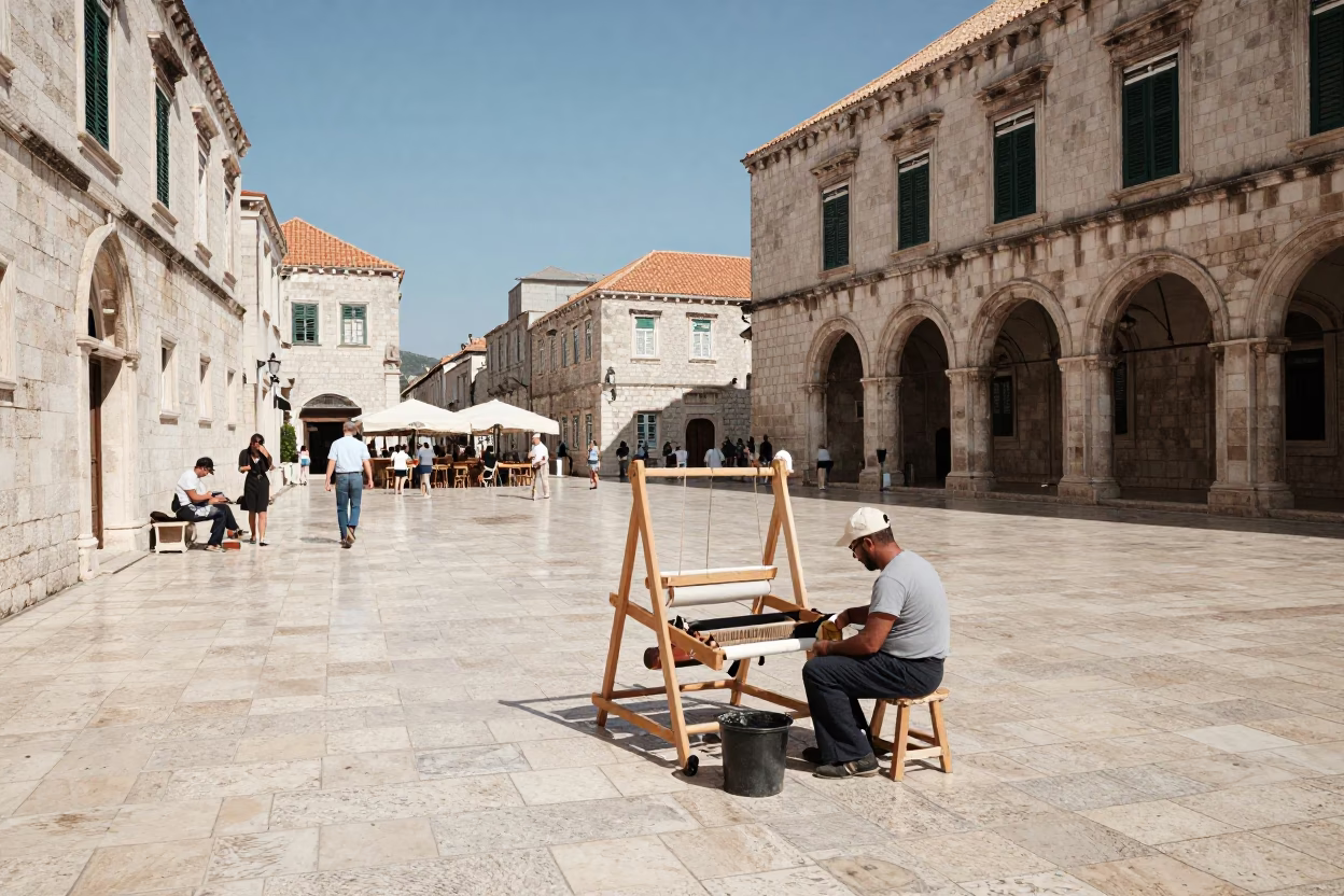 Candid 1980s Street Scene in Dubrovnik Croatia with Loom Shuttle and Local Interaction in in Dubrovnik, Croatia