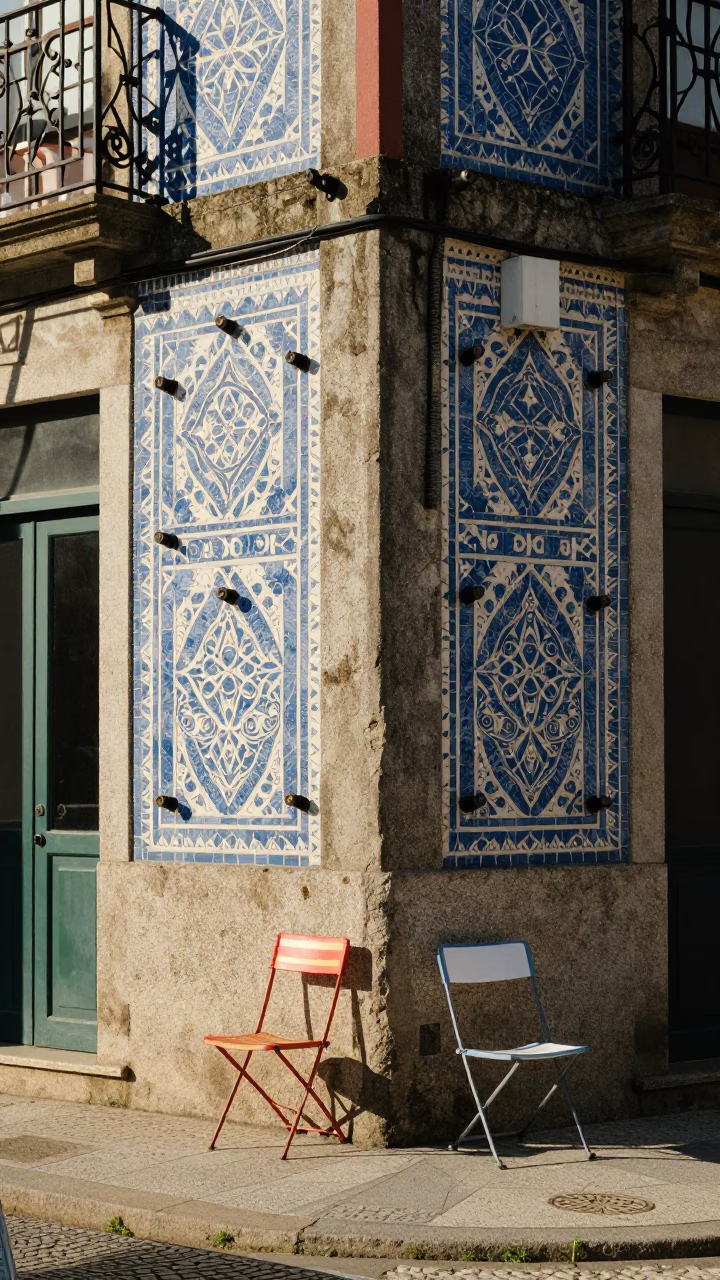 Candid 1980s Street Scene in Porto Portugal with Folding Chair and Scaffold Geometry in in Porto, Portugal