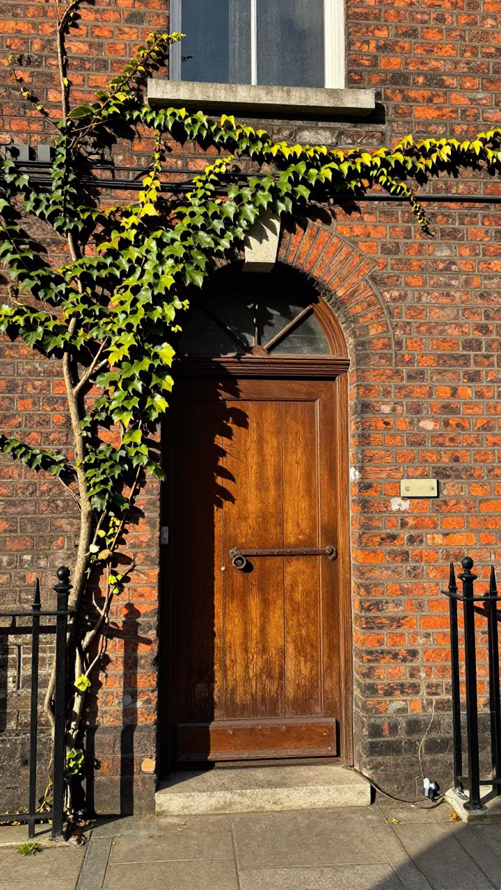 Candid 1990s Dublin Street Scene with Ivy Brick Wall and Iron Deadbolt in in Dublin, Ireland