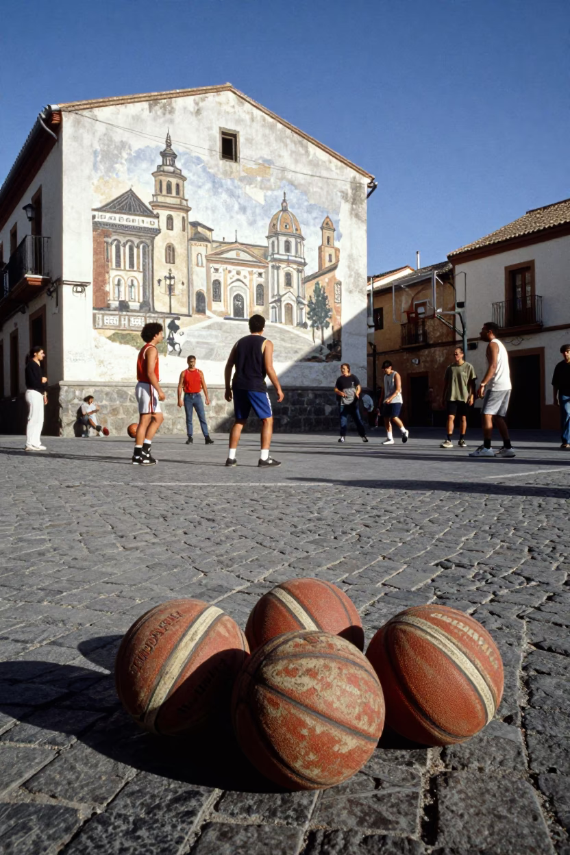 Candid 1990s Street Scene in Granada Spain with Old Leather Basketballs in in Granada, Spain