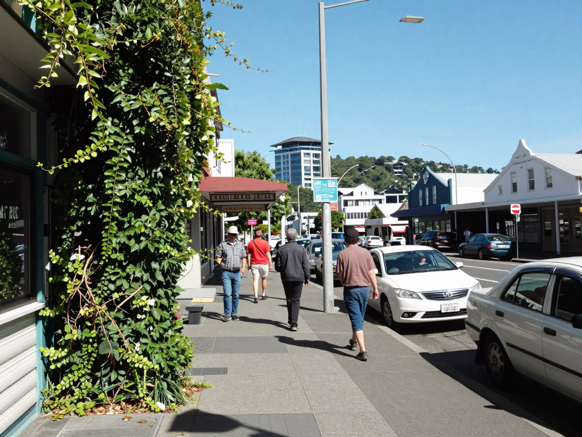 Candid 1990s Wellington Street Scene with Ivy Vines and Biscuit Tin in in Wellington, New Zealand
